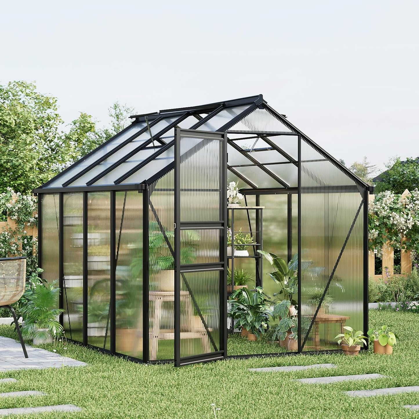 6x8FT Polycarbonate Greenhouse - Walk-in Outdoor Aluminum Frame Greenhouse with Roof Vent, Lockable Push Door for Garden, Backyard, Patio & Lawn(Black)