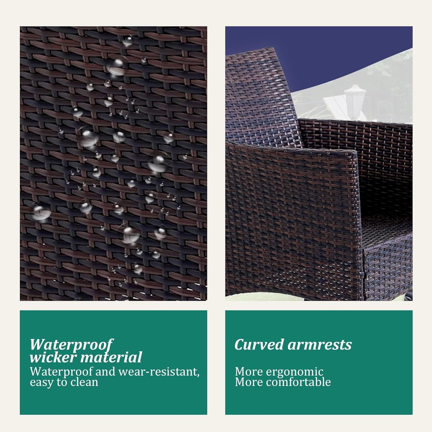 3 Piece Patio Furniture Set - Outdoor Conversation Sets with Coffee Table, Rattan Chair Set for Garden/Poolside, Brown/Grey