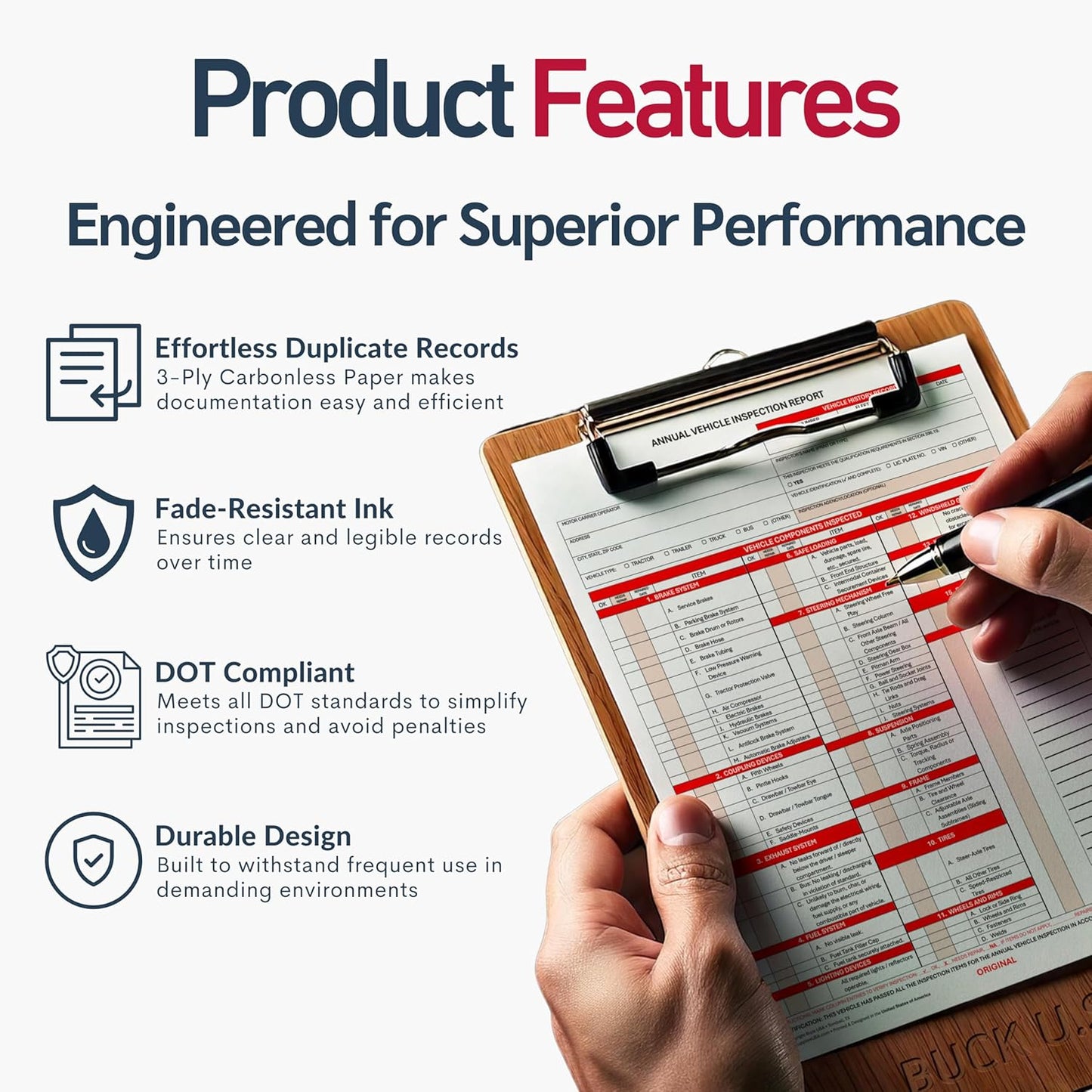 25 Pack 3-Ply Carbonless Annual Vehicle Inspection Report Forms with FMCSA Red Aluminum Labels & White Mylar Laminate Vinyl Labels, DOT Inspection Forms and Stickers, Shrink-Wrapped, 8.5" x 11.75"