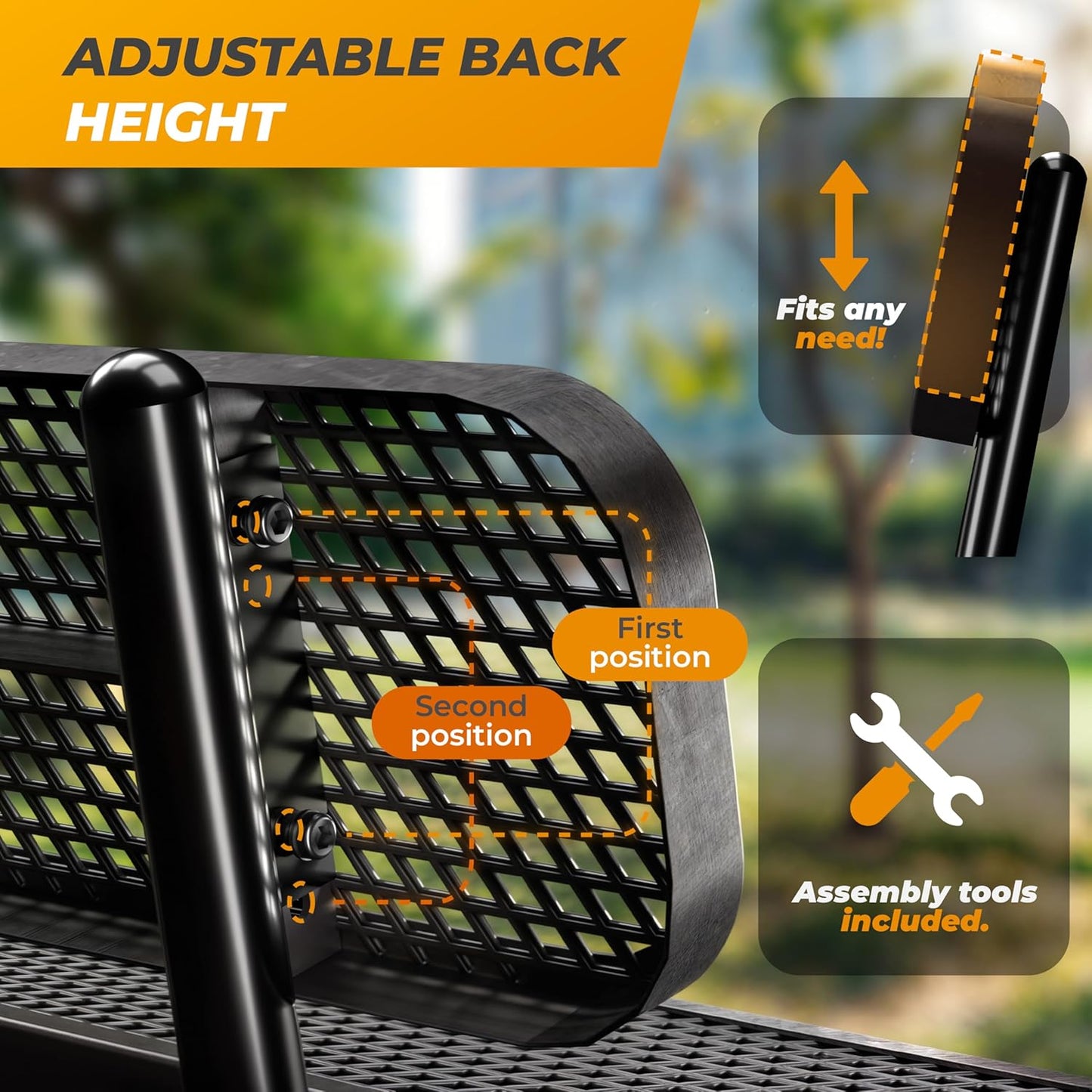 Heavy-Duty Outdoor Metal Bench, Thermoplastic-Coated, Inground, Weatherproof, Commercial-Grade for Parks, Gardens, Patios, Stores & More (6 Ft - Inground with Back, Black)