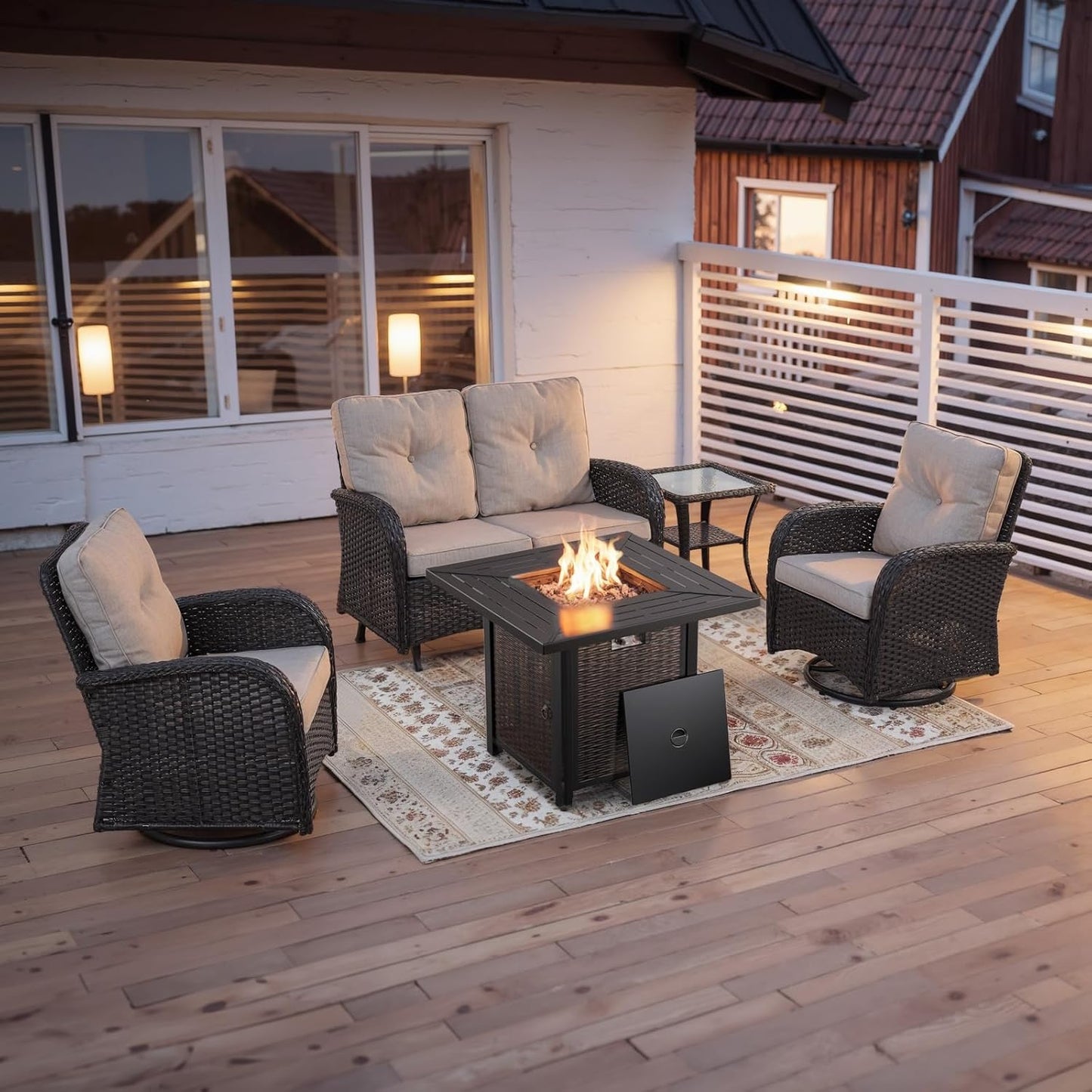 5 Piece Outdoor Patio Furniture Set with 50000 BTU Propane Fire Pit Table, Deep Seating Wicker Swivel Rocker Chairs and Loveseat Glider Patio Conversation Set for Poolside Deck Backyard Black