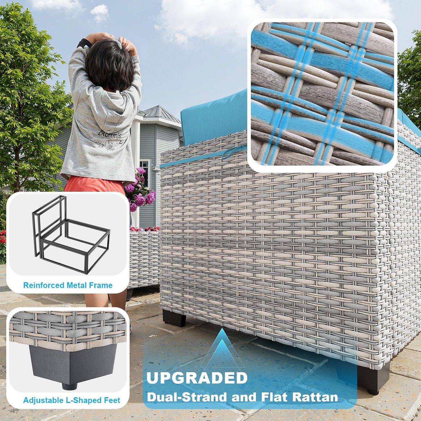 18-Piece Patio Furniture Set, Outdoor Patio Furniture with 55,000 BTU Fire Pit Table, Swivel Chairs Set, Thick Cushions, Modular Patio Sofa, Dual-Strand Wicker Rattan, Rust-Resistant Frame,Lake Blue