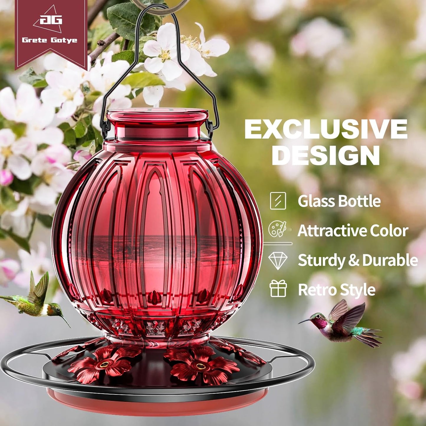 2 Pack Glass Hummingbird Feeder for Outdoors Hanging, Bird Nectar Feeder with Perch & 5 Flower Feeding Ports, 26 Oz Leak Proof for Outside Garden Decor Backyard, Gifts for Women Mom, Red