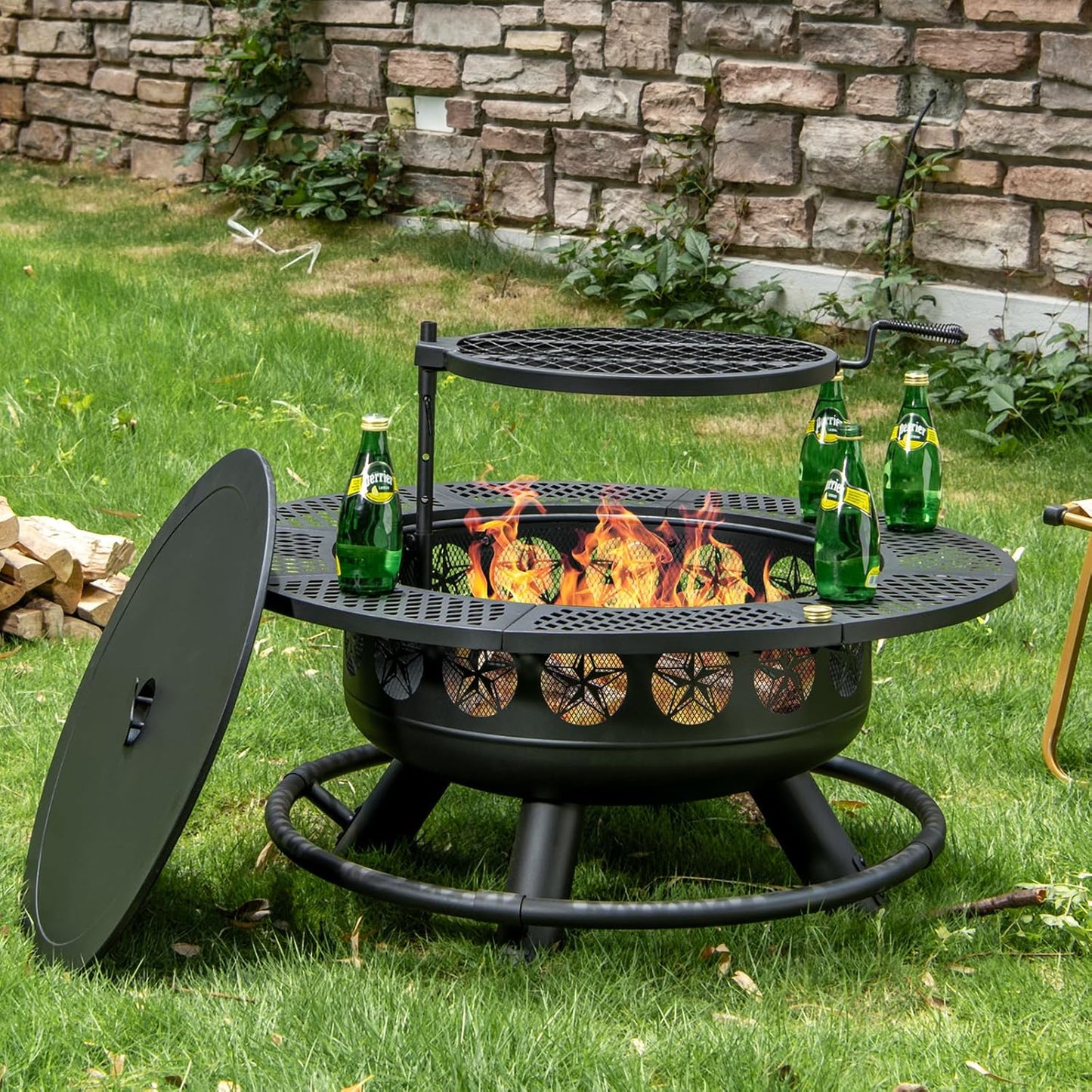 Fire Pit with Cooking Grill,Outdoor Wood Burning BBQ Firepit with Lid, 3-in-1 Outdoor Fire Pit for Backyard Deck Bonfire Patio Picnic