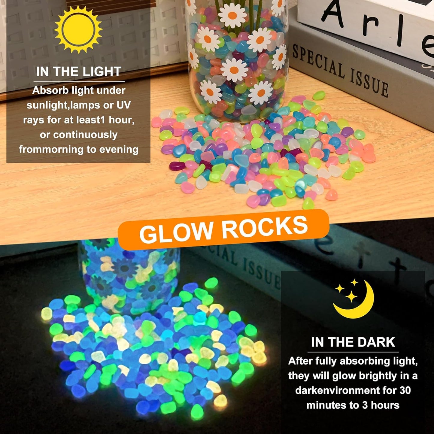 Oubest Glow in The Dark Rocks for Outdoor Landscaping, Decorative Garden Pebbles, Luminous Stones for Vases, Pathway, Walkway, Yard, Patio Decor, Glowing Gravel for Fountain, Driveway, 1000PCS, Blue