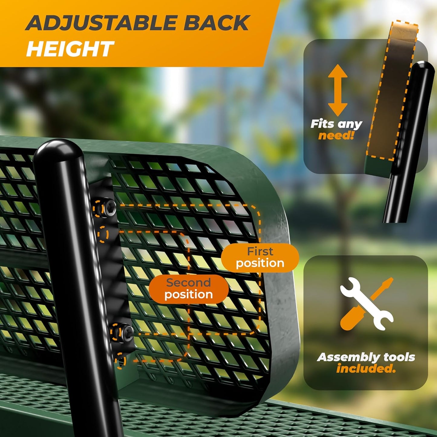 Heavy-Duty Outdoor Metal Bench, Thermoplastic-Coated, Inground, Weatherproof, Commercial-Grade for Parks, Gardens, Patios, Stores & More (4 Ft - Inground with Back, Green)