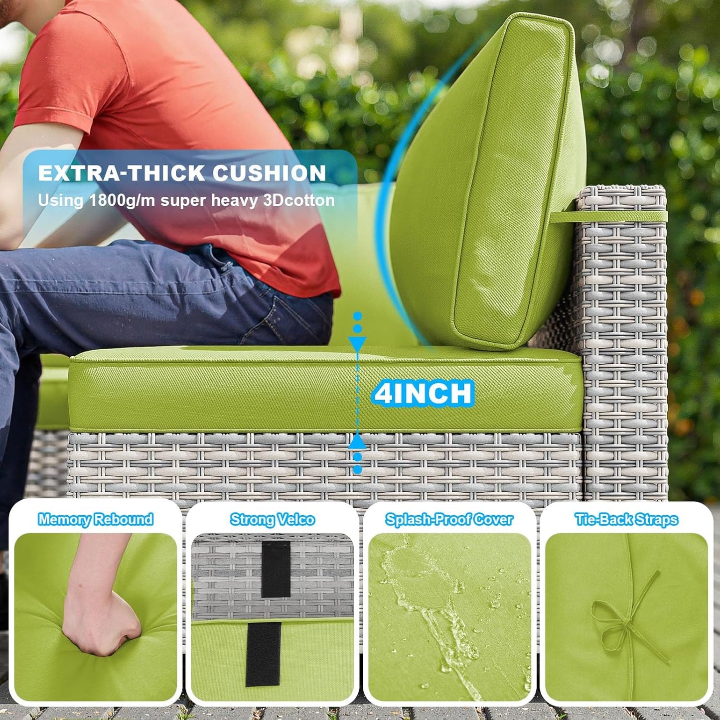 8-Piece Patio Furniture Set, Outdoor Patio Furniture with 55,000 BTU Fire Pit Table, Thick Cushions, Modular Patio Sofa, Dual-Strand Wicker Rattan, Rust-Resistant Frame, Grass Green