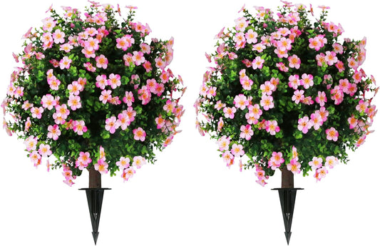 Sunnyglade Set of 2 Artificial Boxwood Topiary Ball Trees with Pink Flower, Faux Shrub Bushes with Ground Spike 25.5", UV Resistant Fake Boxwood Plants for Indoor, Garden, Porch, Patio Decor (Pink)