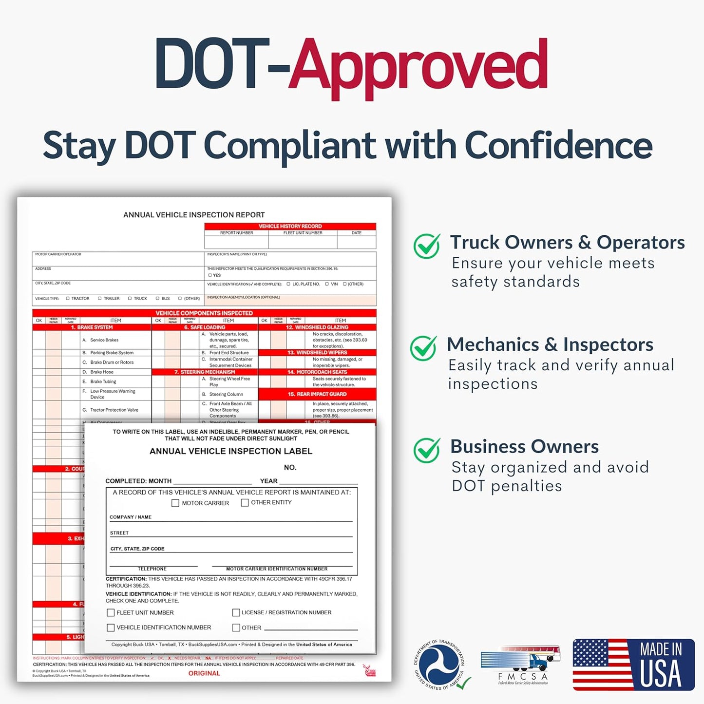 50 Pack Buck Annual Vehicle Inspection Label, 2-Ply Adhesive Vinyl with Mylar Laminate, FMCSA & DOT Compliant, Weatherproof, Tear Resistant, Easy to Write On, 5" x 4" - Made in USA