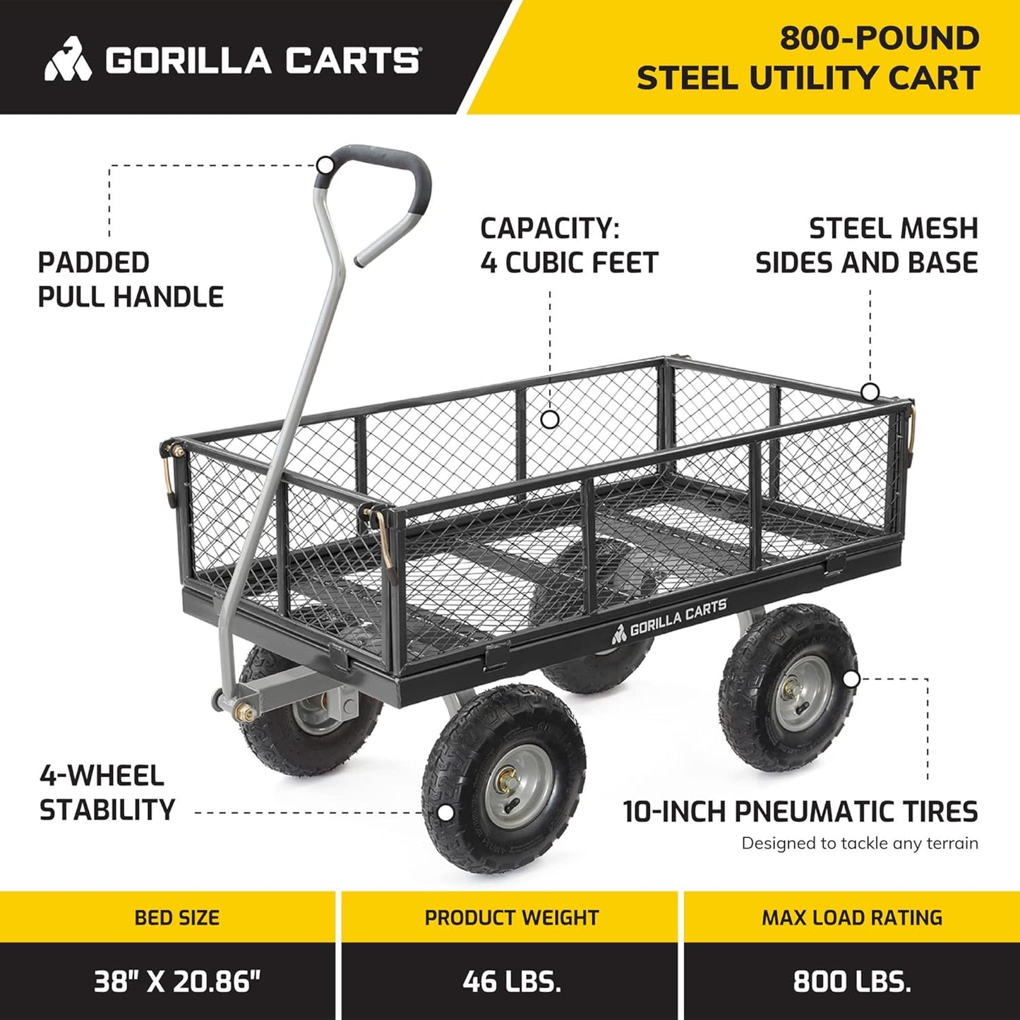 Gorilla Carts Steel Utility Cart, 4 Cu Ft Bed, 800 lb Load Capacity, Black – Heavy-Duty Outdoor Hauling Wagon with Removable Side Panels for Yard, Lawn, Garden or Landscaping