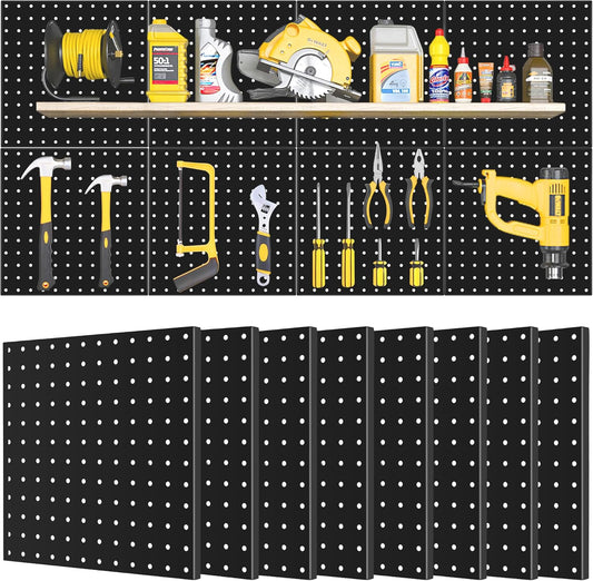 4 Pack Black Metal Pegboard Panels, Heavy Duty Steel Peg Boards Wall Organizer with Screw, Anchors and Washer Accessories for Garage, Tool Storage, Office Organization, Craft Room, Kitchen