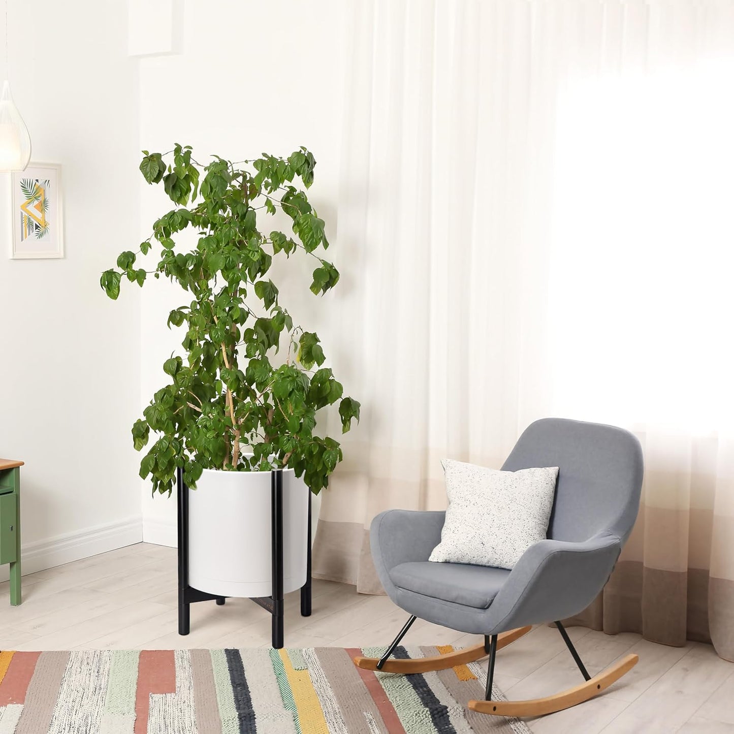 D'vine Dev Planter Pot with Stand - 16 Inch Plastic Cylinder Flower Pot with Wood Planter Holder for Indoor, Matte White Pot + Ebony Stand, 55-C-Z-1