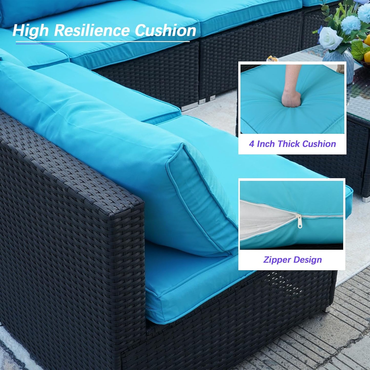 7 Piece Patio Furniture Set, Outdoor Couch Set—All-Weather Outdoor Furniture Sectional w Water Resistant Thick Cushions, Patio Sofa Set w 2 Extra Pillows and Coffee Table, Turquoise/Black