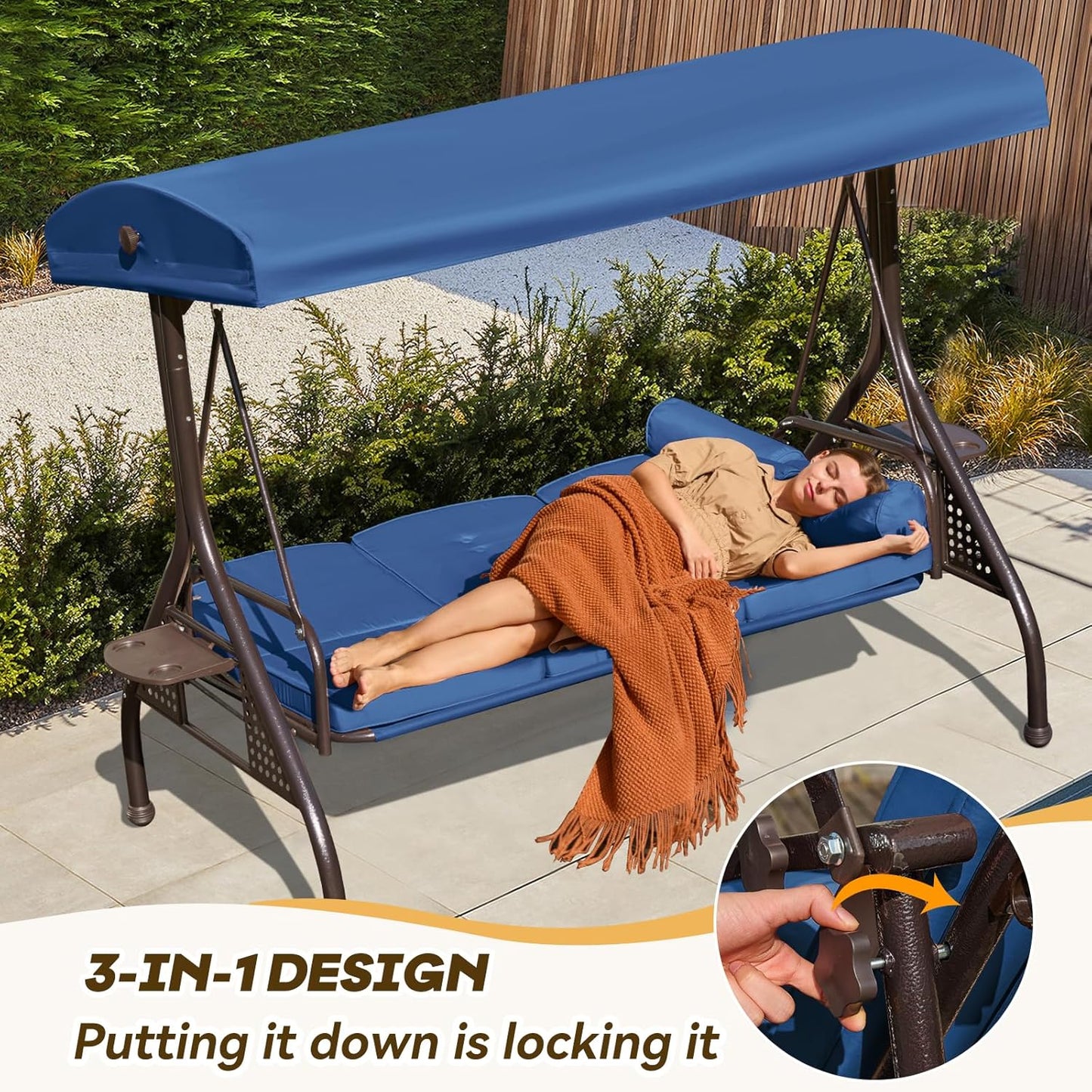 3 in 1 Outdoor Porch Swing with Adjustable Canopy, 3 Seat Outdoor Swing for Adults, Patio Swing Chair with Thickened Cushions,Pillows & Cup Holders for Backyard, Porch, Garden (Blue)
