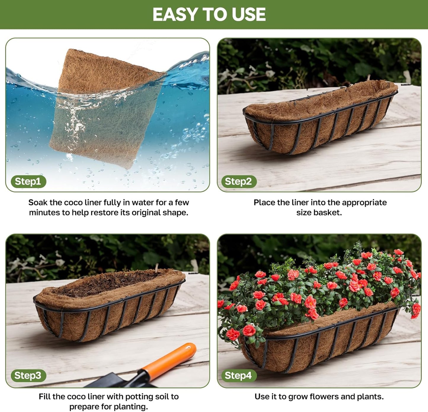 2Pcs Trough Coco Liner 36" Coco Coir Liners for Planters, Liners for Window Boxes Liners, Wall Basket Planters, Railing Hanging Baskets, Garden Planter Baskets