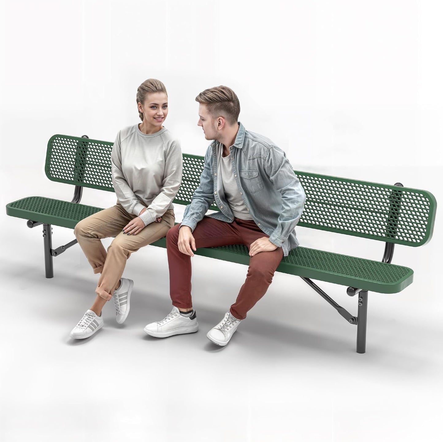 Heavy-Duty Outdoor Metal Bench, Thermoplastic-Coated, Inground, Weatherproof, Commercial-Grade for Parks, Gardens, Patios, Stores & More (8 Ft - Inground with Back, Green)