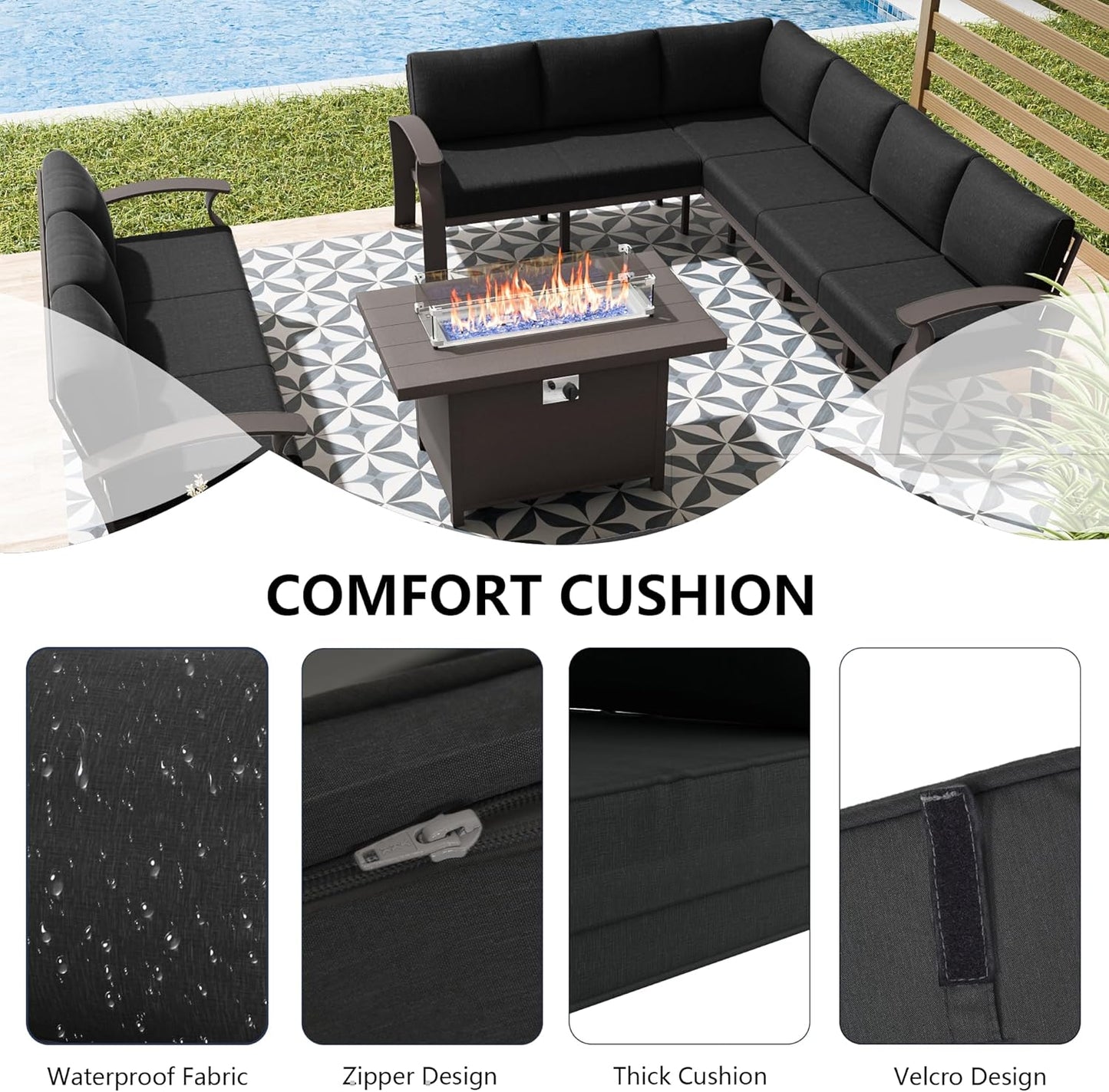 Aluminum Patio Furniture Set with Fire Pit Table, 8 Seats Outdoor Patio Conversation Set Modern Metal Patio Sectional Sofa w/5.1" Upgrade Cushions for Porch, Patio, Backyard(Dark Grey).
