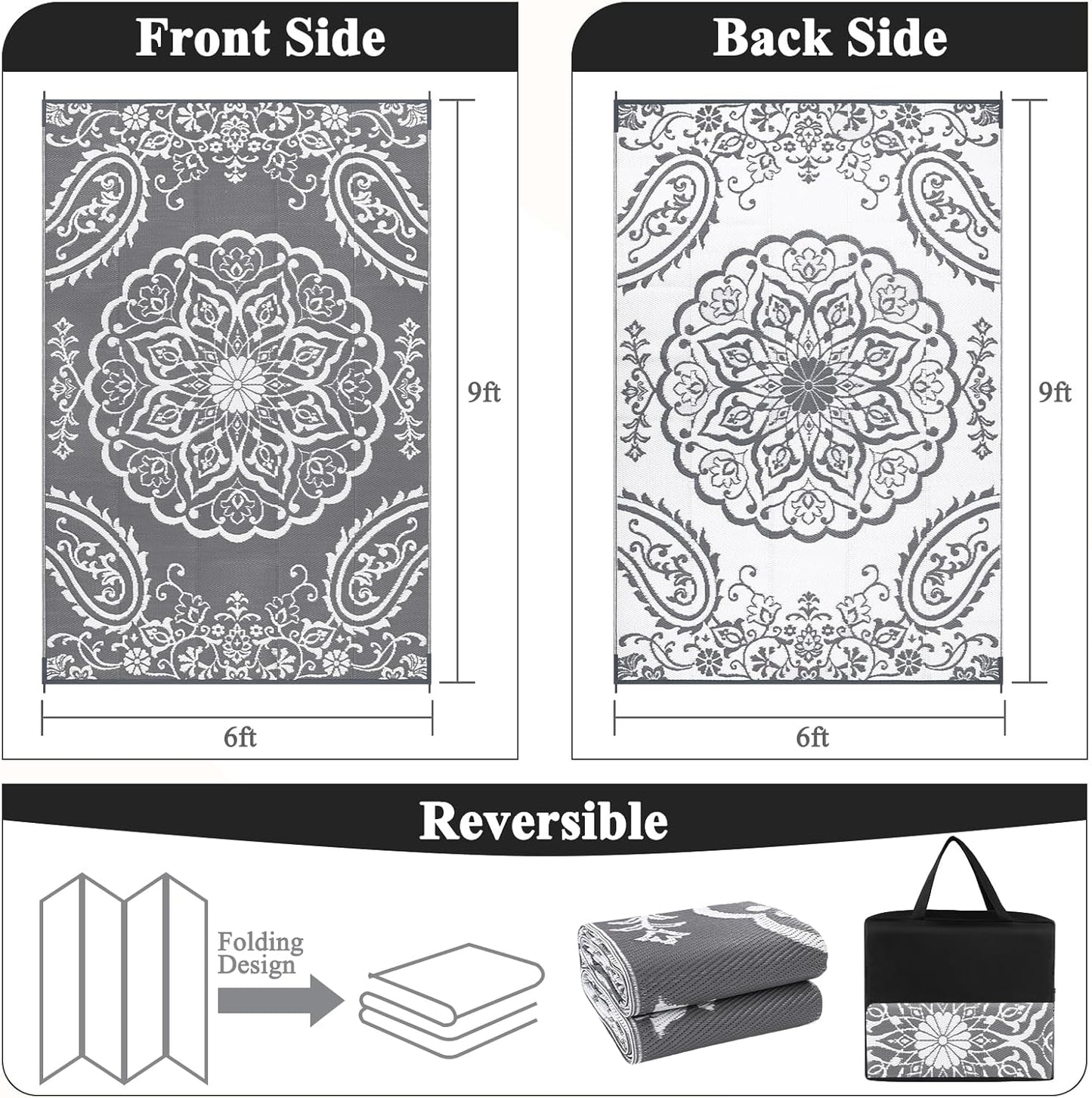 Pauwer Waterproof Outdoor Rug 6x9, Reversible Plastic Straw Patio Camping Rug, Indoor Outdoor RV Mat Carpet for Deck, Camper, Porch, Balcony, Backyard, Picnic, Boho Grey