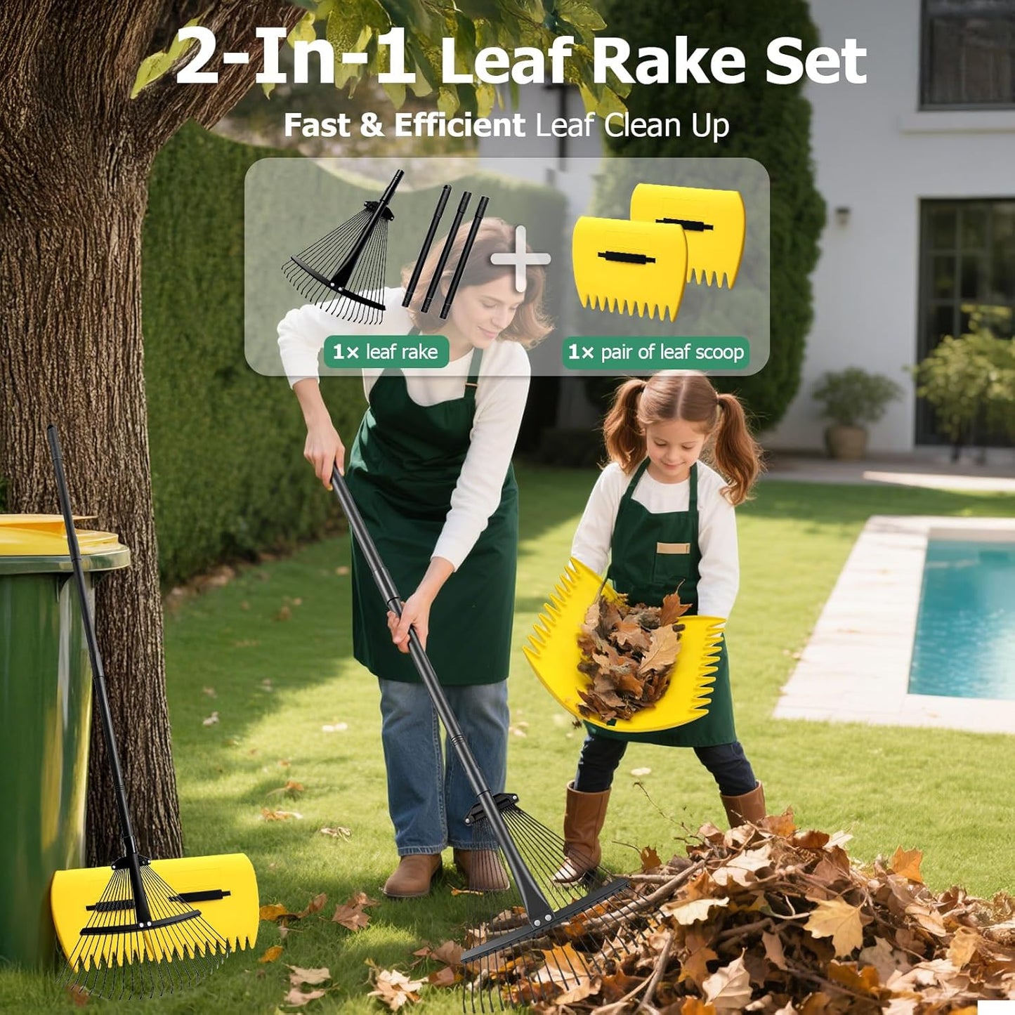 Extra Wide 22-Tines Adjustable Leaf Rake & Leaf Scoops Set, 12"-22" Width Adjustable Metal Garden Lawn Rake for Leaves, Heavy Duty & Lightweight for Flower Bed/Under Shrub/Pine Needle & Narrow Space