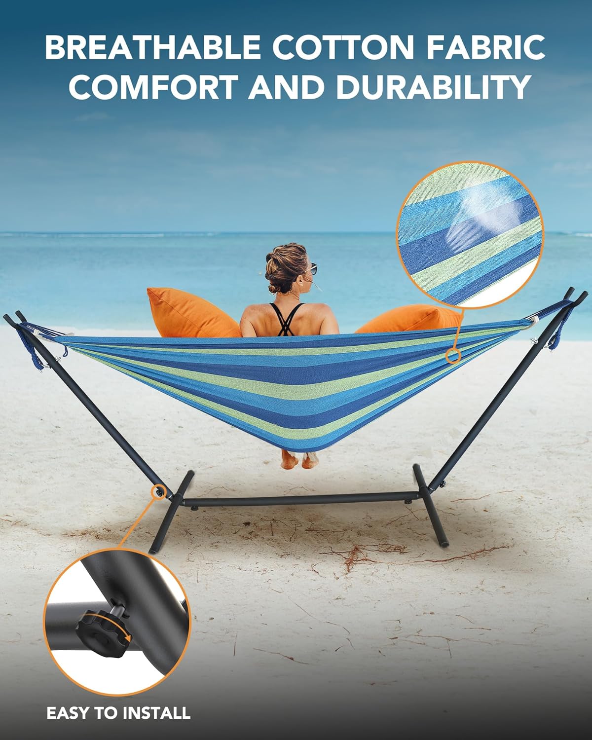 Double Hammock with Space-Saving Steel Stand, 2 Person Heavy-Duty Hammock for Garden, Yard or Outdoor, 600lbs Capacity, Wide Blue