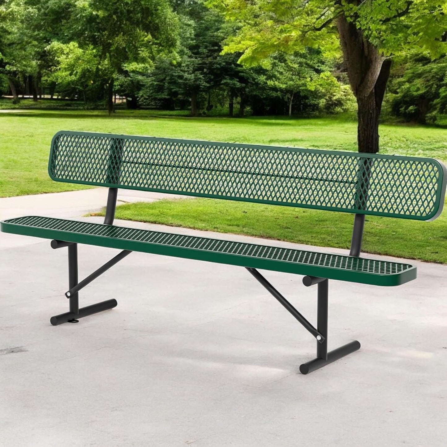Heavy Duty Park Bench with Back Portable Frame, Outdoor Steel Bench with Backrest, Outdoor Park Bench Expanded Metal Mesh Bench for Lawn, Park, Deck, Garden, Patio, Porch, Black (Green, 8FT)