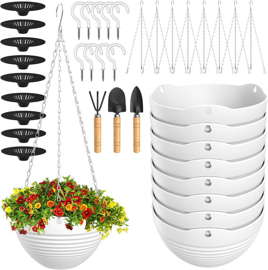 Hanging Planters, Set of 9 White Hanging Pots, 8" Hanging Flower Pots, Plant Pots with Drainage Plugs, Water Barrier and Chains, Come with Free Mini Garden Tools Set