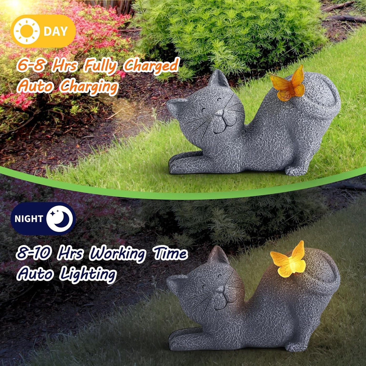 Solar Cat Garden Statue with Glowing Butterfly, Outdoor Resin Cat Figurine with Solar Light, Waterproof Yard Decor for Patio, Lawn, Porch, and Unique Garden Gifts for Cats Lovers