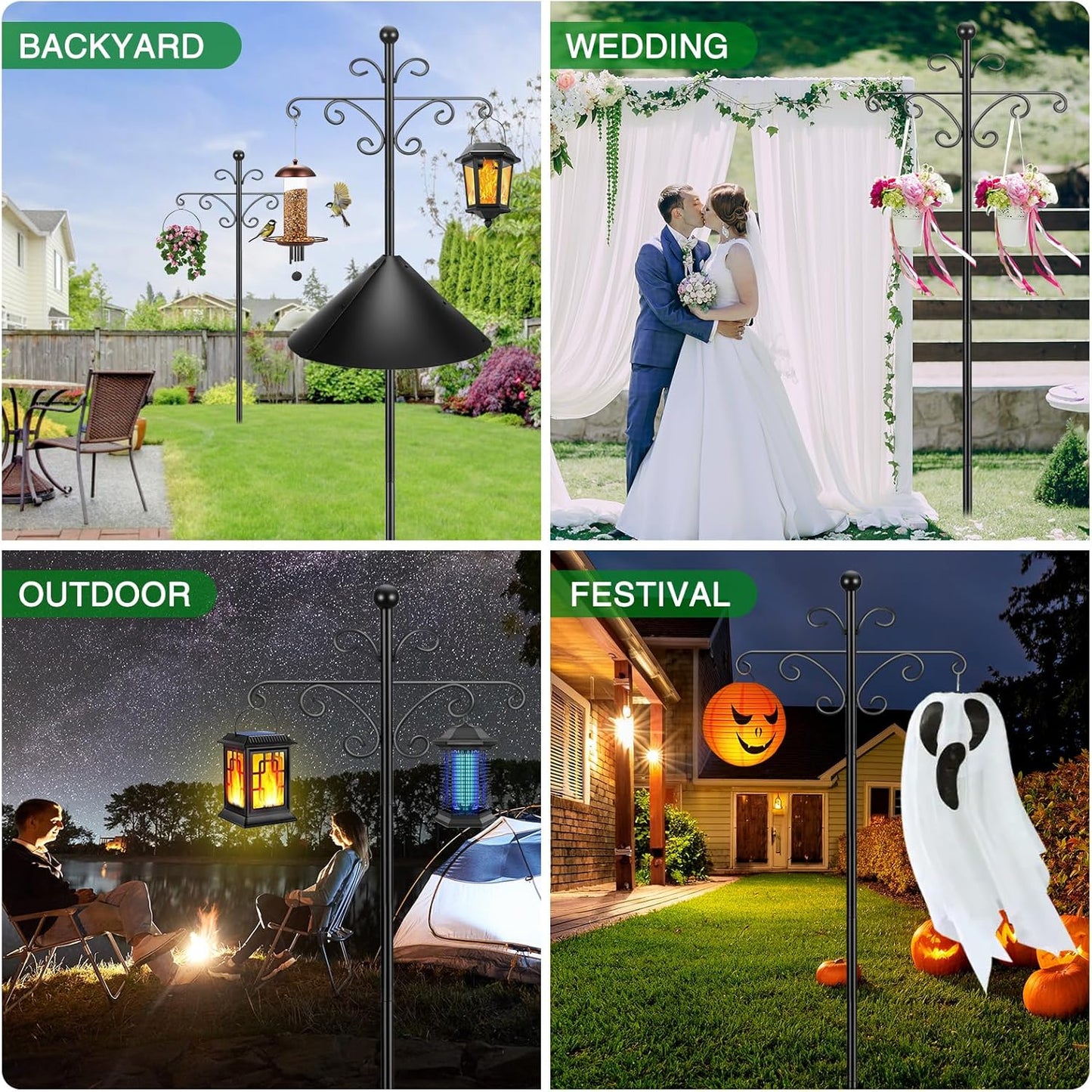 Bird Feeder Pole for Outdoors Heavy Duty Squirrel Proof, 2 Pack 108 Inch Adjustable Tall Shepherds Hooks for Outdoor with 5 Prongs Base, Double Shepherd Hooks (2 Pack Black, 108 Inch)