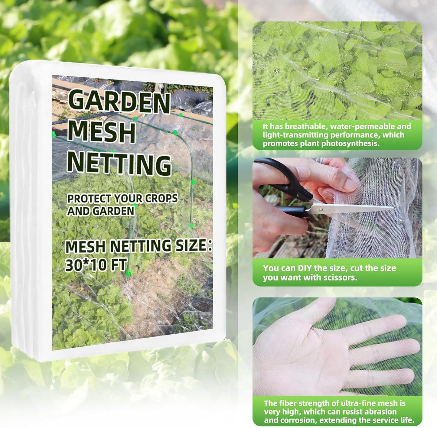 Garden Netting Kit, 10X30 Ft Garden Ultra Fine Mesh Net Bird Barrier Protection with Garden Hoops for Protect Garden Vegetables Flowers Shrubs Fruit Trees Indoors & Outdoors Plant Beds Greenhouse