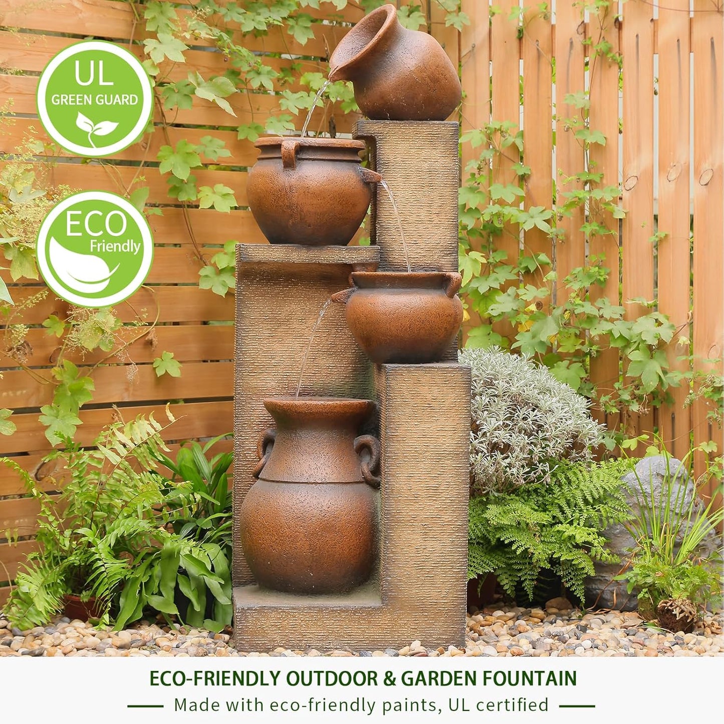 53" H Large Outdoor Water Fountain with Lights - 4 Tiered Cascading Bowls Waterfall Fountain for Garden, Patio, Backyard, Porch Inside - Freestanding Outdoor Water Feature Gold