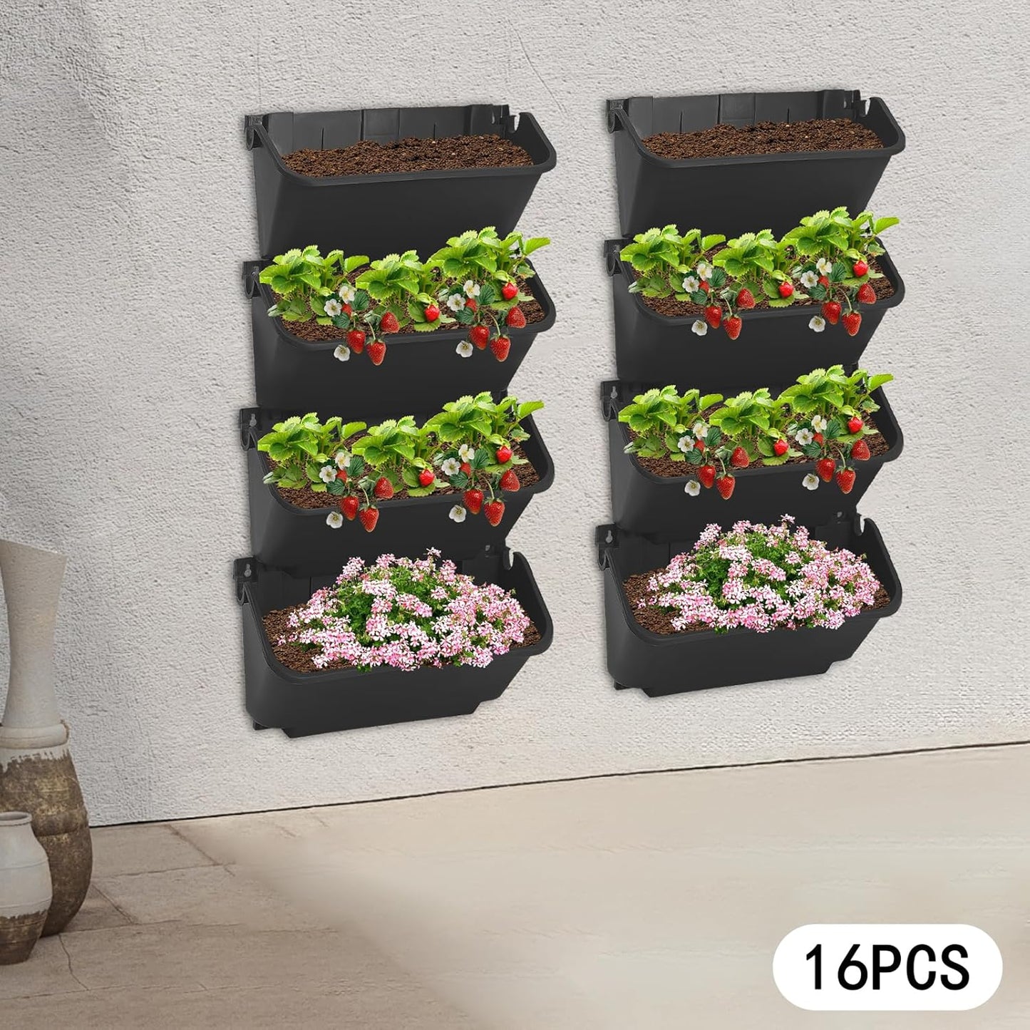 16 Pack Self Watering Wall Mounted Planter, Indoor and Outdoor Vertical Planter Wall Mounted Planter for Patio Outdoor Decor with Drainage Holes, Vertical Garden Planters for Indoor Plants- Black