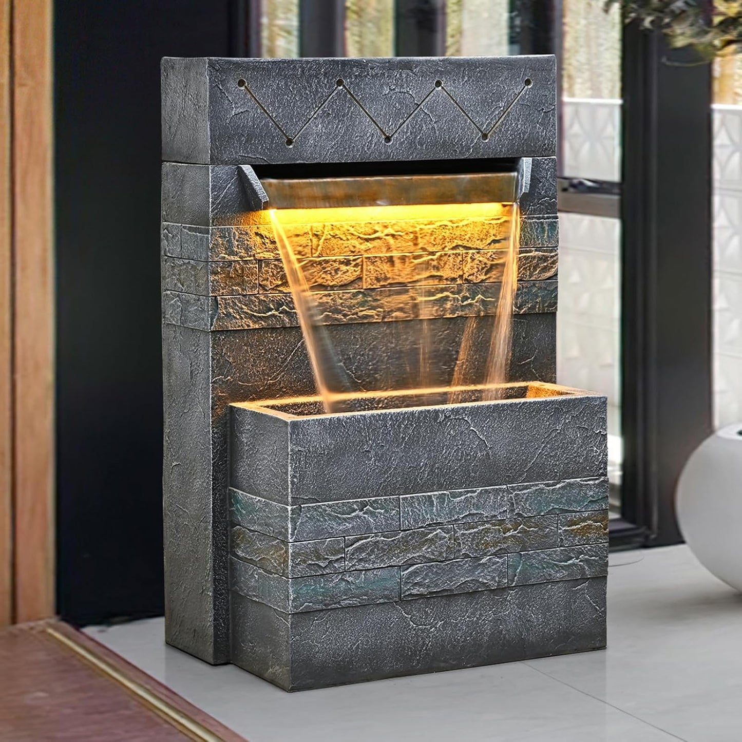 34.65'' Outdoor Garden Cascading Stone Floor-Standing Waterfall Fountain with LED Lights for Patio, Backyard, Deck, Porch and Home Art Decor