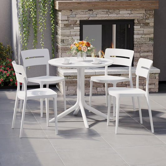 Dining Set for 4, HDPE Patio Round Dining Table and Stackable Comfortable Dining Chair, Outdoor Small Patio Furniture Set All Weather for Backyard Porch Poolside, White