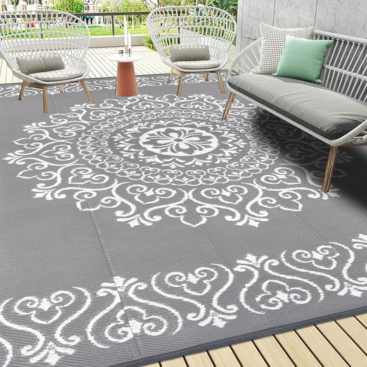 Pauwer Waterproof Outdoor Rug 9x12, Reversible Plastic Straw Patio Camping Rug, Indoor Outdoor RV Mat Carpet for Deck, Camper, Porch, Balcony, Backyard, Picnic, Floral Grey