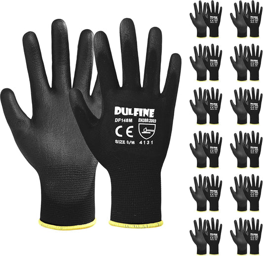 DULFINE Ultra-Thin PU Coated Work Gloves-12 Pairs,Excellent Grip,Nylon Shell Black Polyurethane Coated Safety Work Gloves, Knit Wrist Cuff,Ideal for Light Duty Work. (XX-Large)