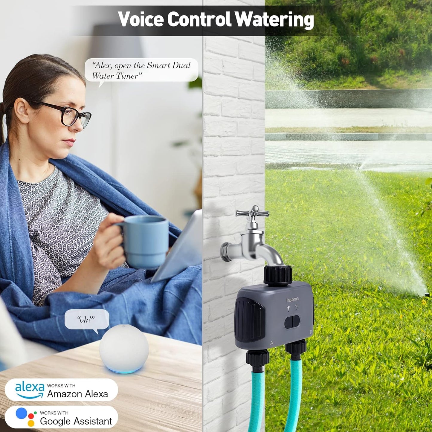 2 Zones WiFi Water Timer for Garden Hose, Hose Timer with Wi-Fi Hub, APP Remote Control, Voice Control with Alexa, Rain Delay and Manual Mode for Yard Lawn Sprinkler Watering