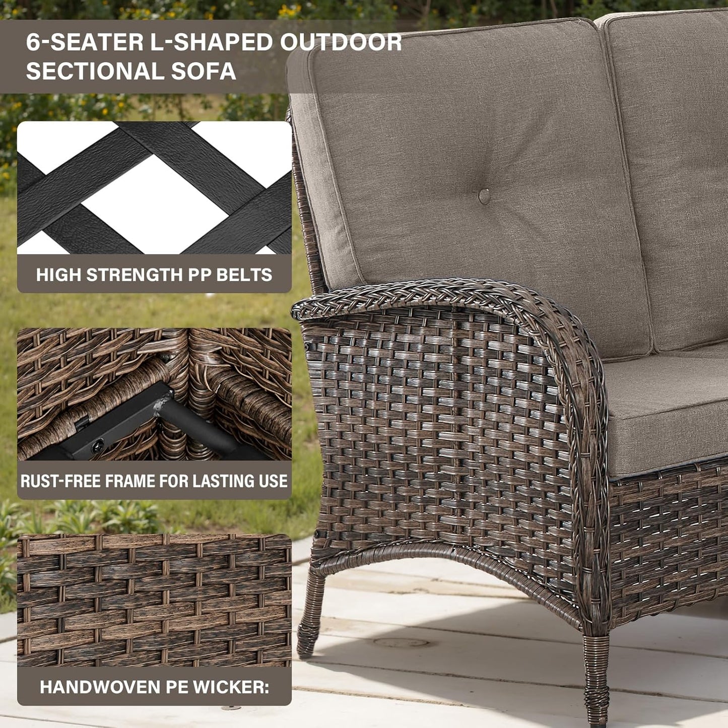 8 Pieces Patio Conversation Set with 43” Propane Fire Pit Table, Outdoor Sectional Furniture Sofa Set with Removable Cushions for Patio Deck Backyard Brown