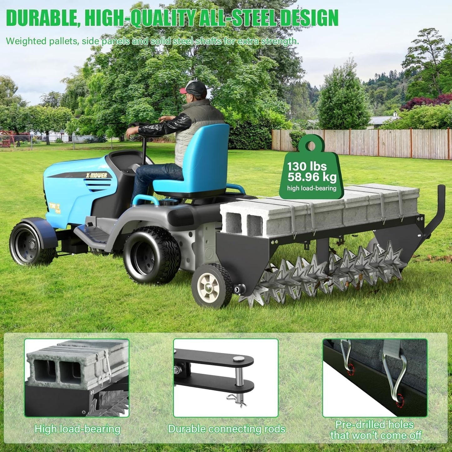 Doniks 40-Inch Tow Behind Plug Aerator with Transport Wheels, Lawn Aerator Tow Behind with Galvanised Steel Tines and Extra-Wide Tow Bar, Pull Behind Aerator for Gardens, Lawns, Farms