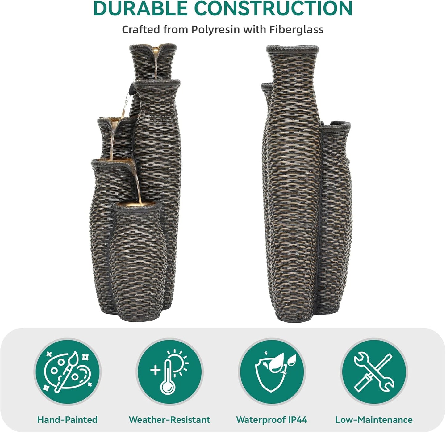 5-Tier Faux Rattan Vase Water Fountain Outdoor with LED Lights, Polyresin Cascading Waterfall Feature, Tranquil Oasis for Garden, Patio, Yard, or Porch