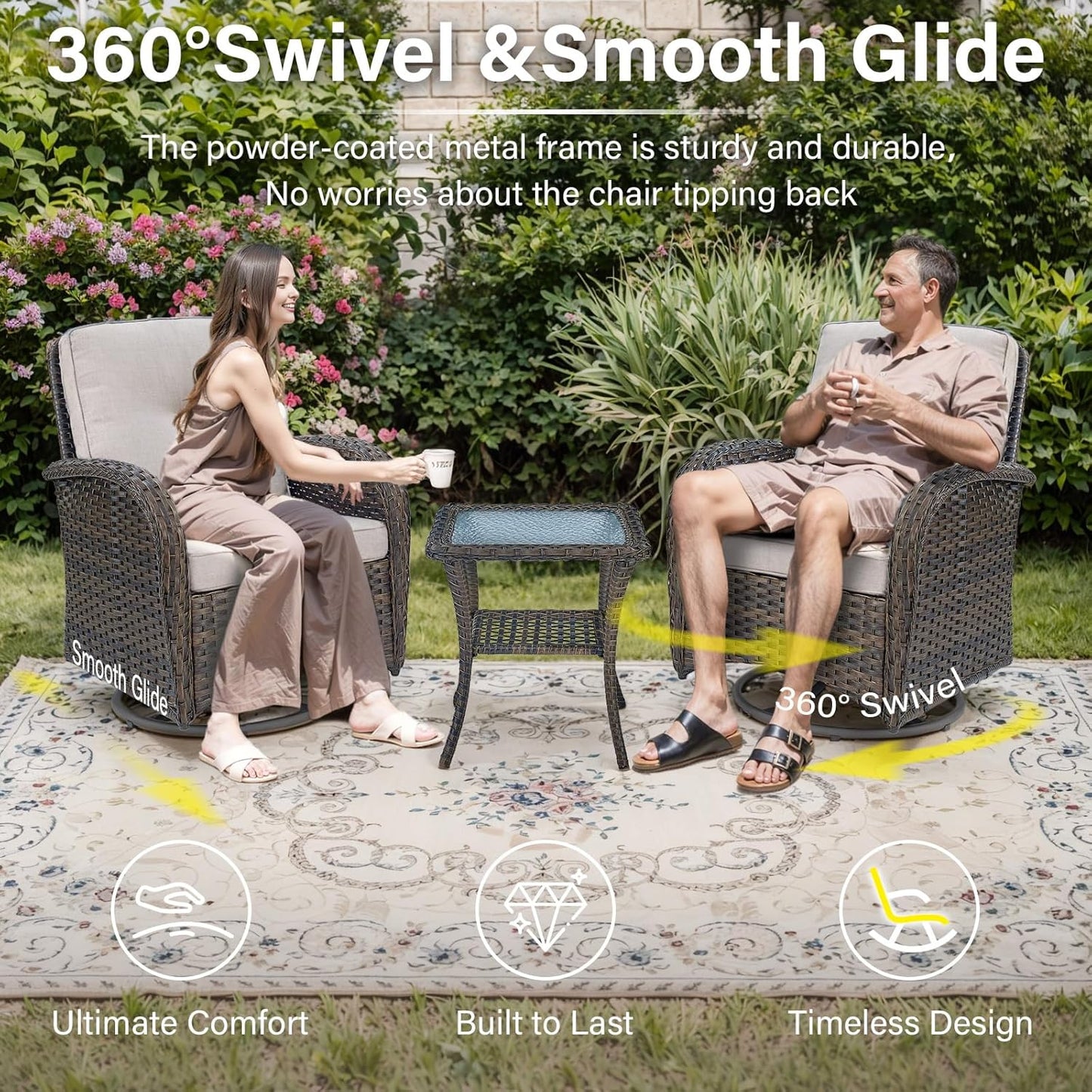 5 Pieces Outdoor Patio Furniture Set with 50000 BTU Propane Fire Pit Table, Deep Seating Wicker Swivel Rocker Chairs and Loveseat Glider Patio Conversation Set for Deck Poolside Backyard Beige