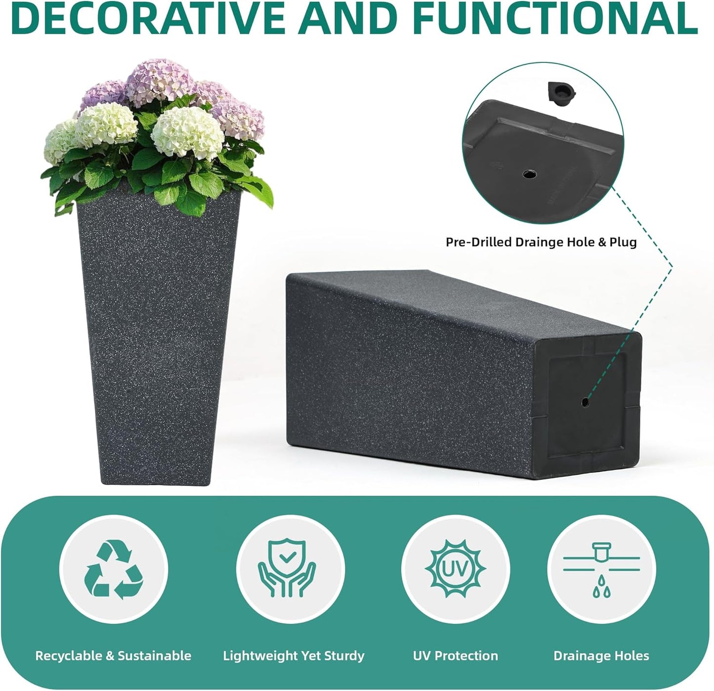 28" H Oversized Tall Planter Box for Outdoor Plants, Set of 2 Large V-Shaed Square Flower Pots, Modern Plant Container for Patio, Garden, Porch, Balcony or Indoor Home Decor, Back Terrazzo-Look