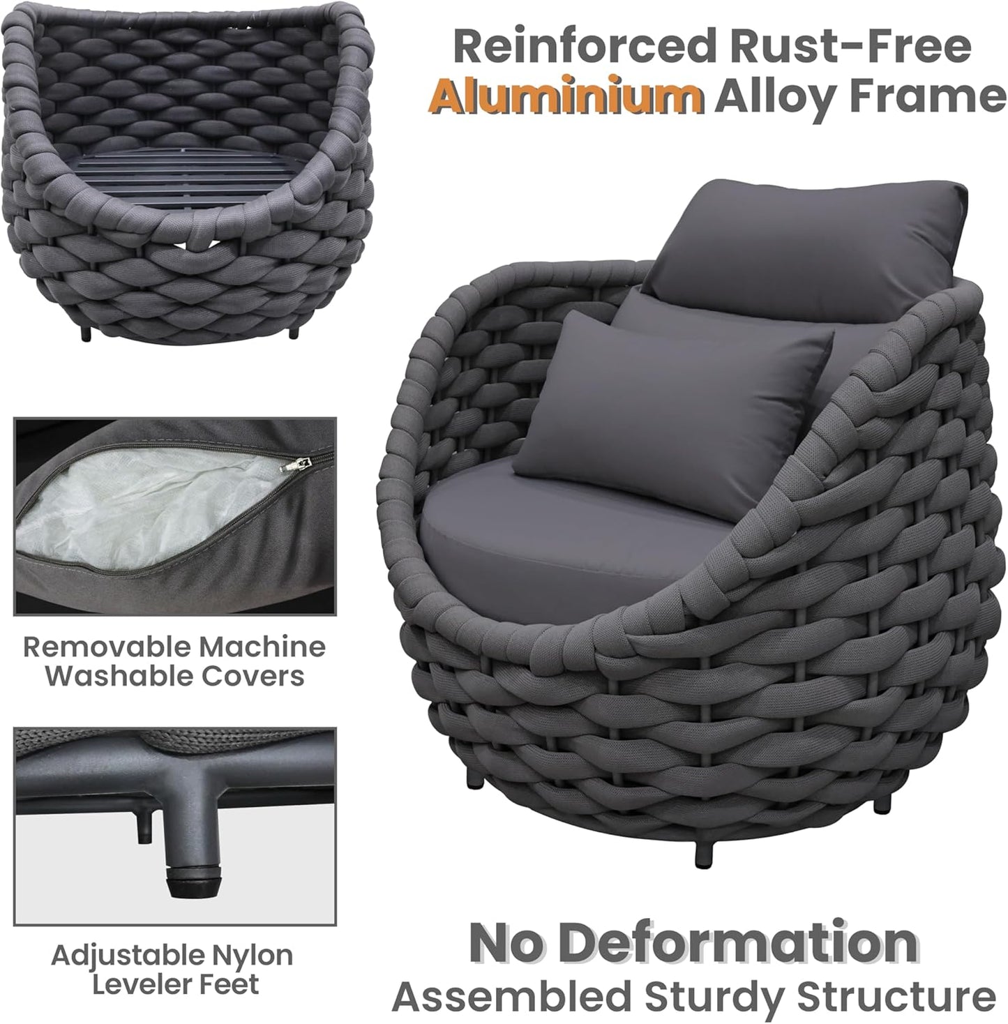 Fully Assembled Patio Furniture Set: 5 Pieces Woven Rope Outdoor Conversation Set Cushioned - Modern Metal Deck Loveseat Chair Table Set - Porch Seating For Yard Garden Poolside Hotel, Dark Grey