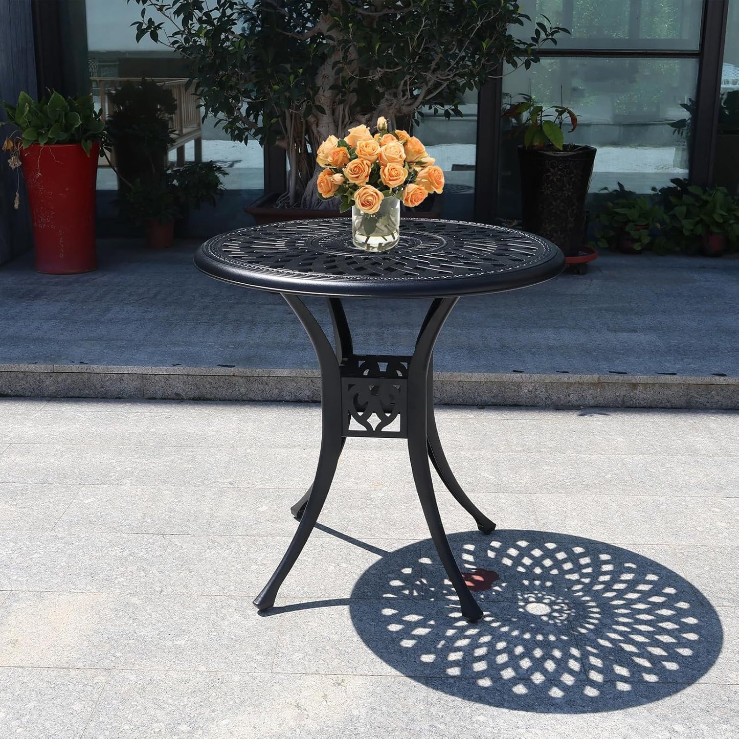30 inches Patio Table with Umbrella Hole, Round Outdoor Table, Cast Aluminum Bistro Table, Metal Side Table for Porch Backyard, Black