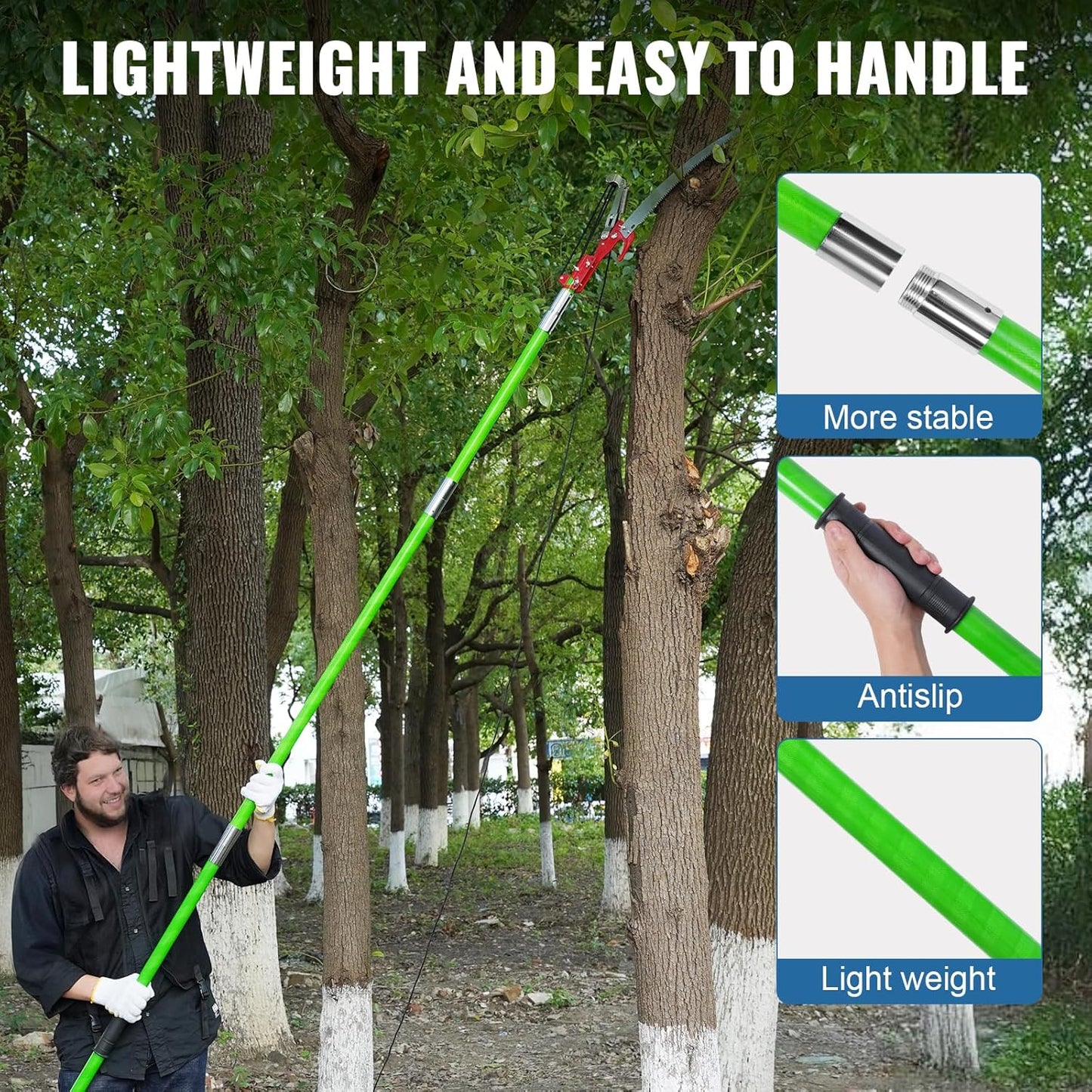 30 Ft Manual Pole Saw, Extendable Tree Pruner Blade and Scissors Set with 9 Fiberglass Handles, Long Branch Pruner Retractable for Backyard and Garden, Bush Cutting and Pruning of Palm Trees