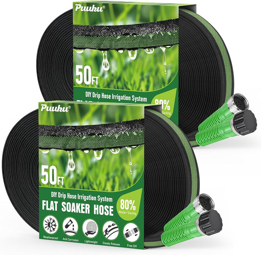 Flat Soaker Hose 100FT for Garden and Lawns, 80% Water-Saving Drip Irrigation Hose with Anodized Aluminum Ends, Flexible Leakproof Double Layer Gardening Hoses(50FT X 2Pack) ﻿