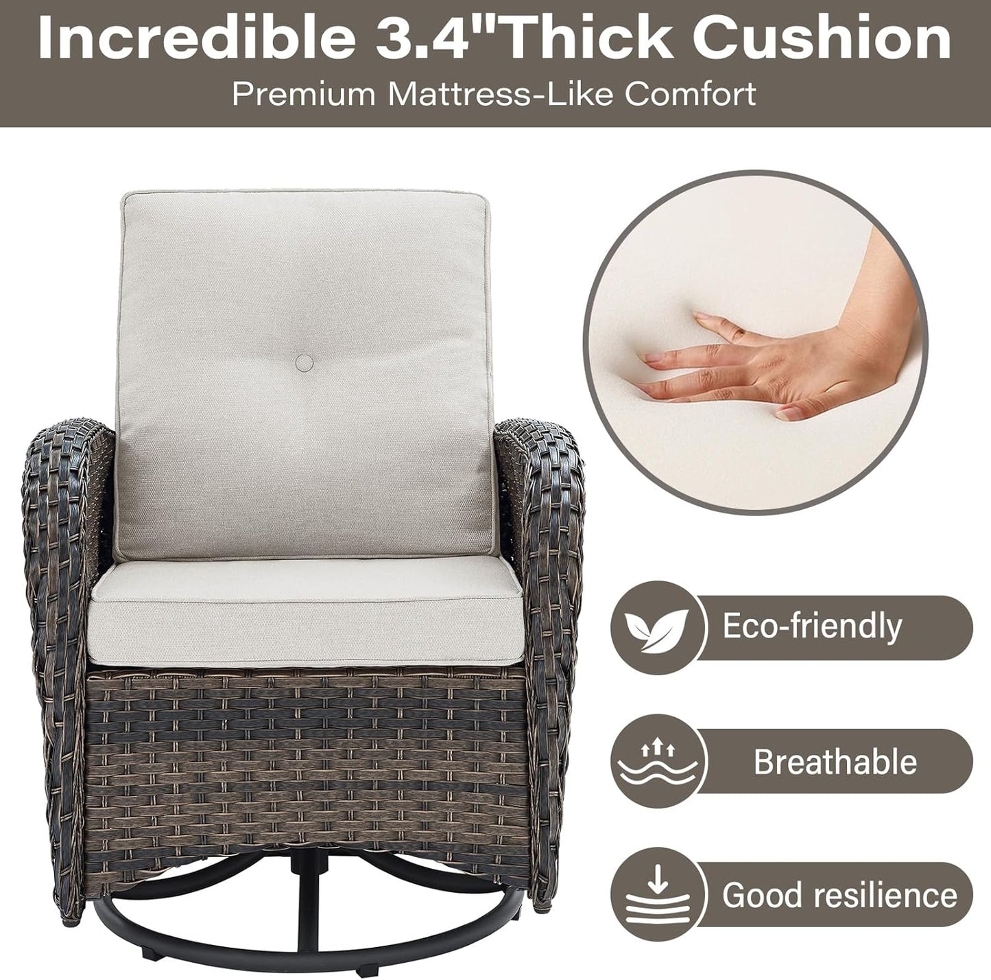 5 Piece Outdoor Patio Furniture Set with Deep Seating Swivel Rocker Chairs Loveseat and Rattan Coffee Table Outdoor Conversation Sets for Deck Backyard Poolside, Beige