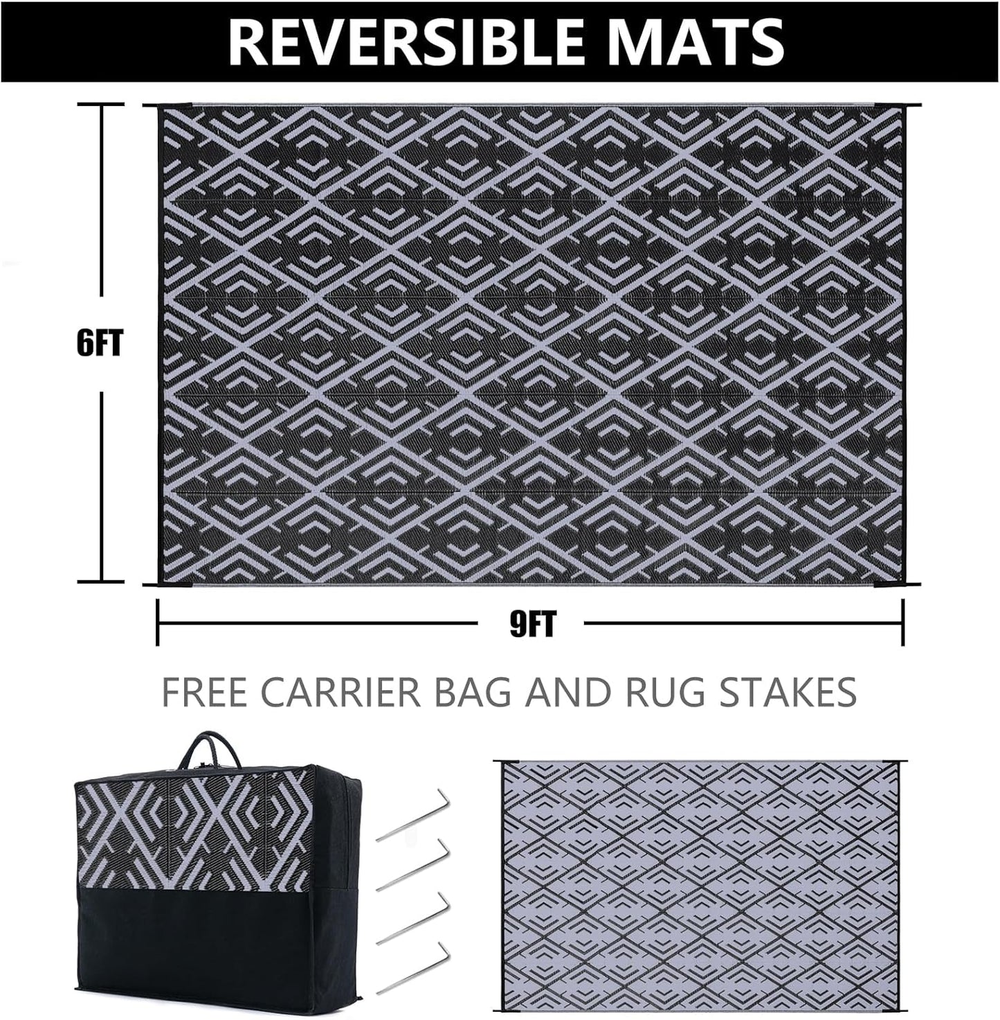 Outdoor Plastic Straw Rug, Waterproof Outdoor Rugs for Patios Clearance, Reversible Area Rug, Large Outside Carpet for Camping, Balcony, RV, Deck, Picnic, Beach (6x9ft Boho/Black&Grey)