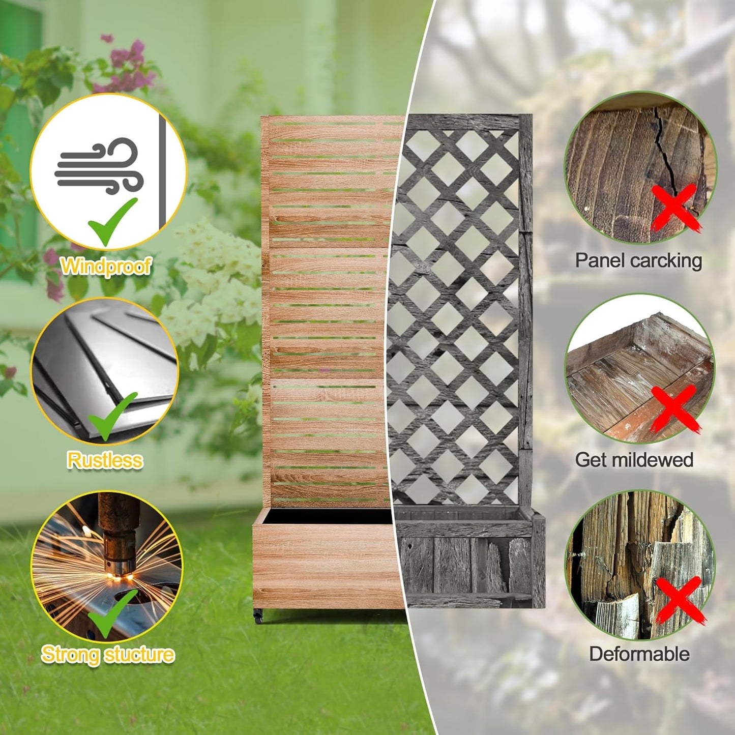 FENCY Metal Raised Garden Bed with Wheels and Trellis,73"x35"x16" Planter Box for Climbing Plants, Vegetables & Vines, Features Privacy Screen and Drainage Holes (Natural Wood Color)