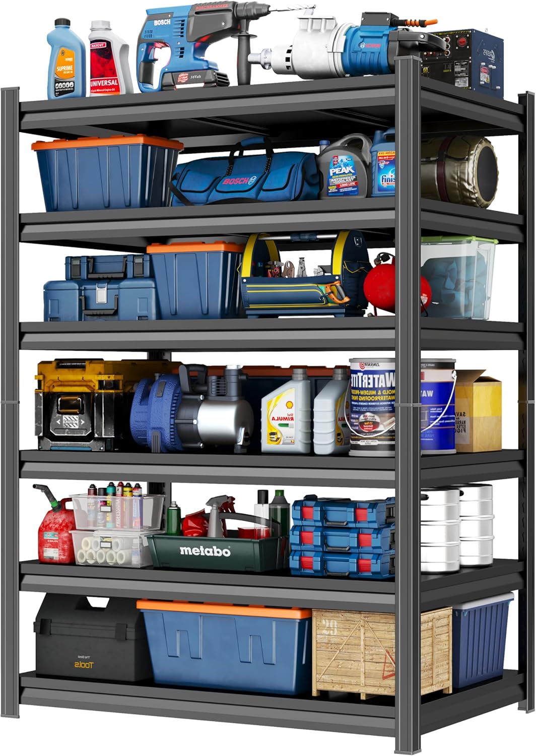 Garage Shelving 3000LBS Metal Storage Shelves Adjustable 6-Tier Shelving Units Garage Storage Shelves Heavy Duty for Basement, Commercial, Warehouse, Industrial, Black
