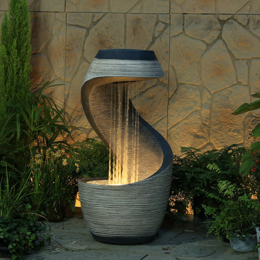 37" Tall S-Shaped Outdoor Waterfall Fountain – Rainfall Water Fountain for Garden, Patio or Backyard Decor, Floor-Standing Resin Garden Fountains Outdoor Water Feature with Flat Top for Plant Display